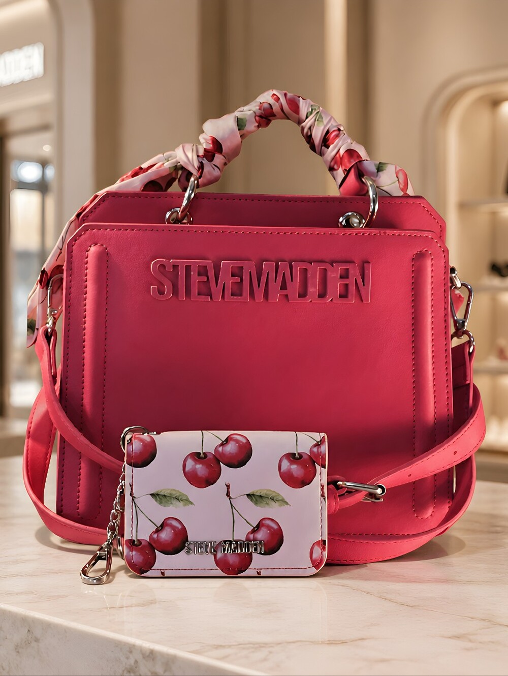 Steve Madden Hot Pink Top-Handle Satchel with Cherry Card Case